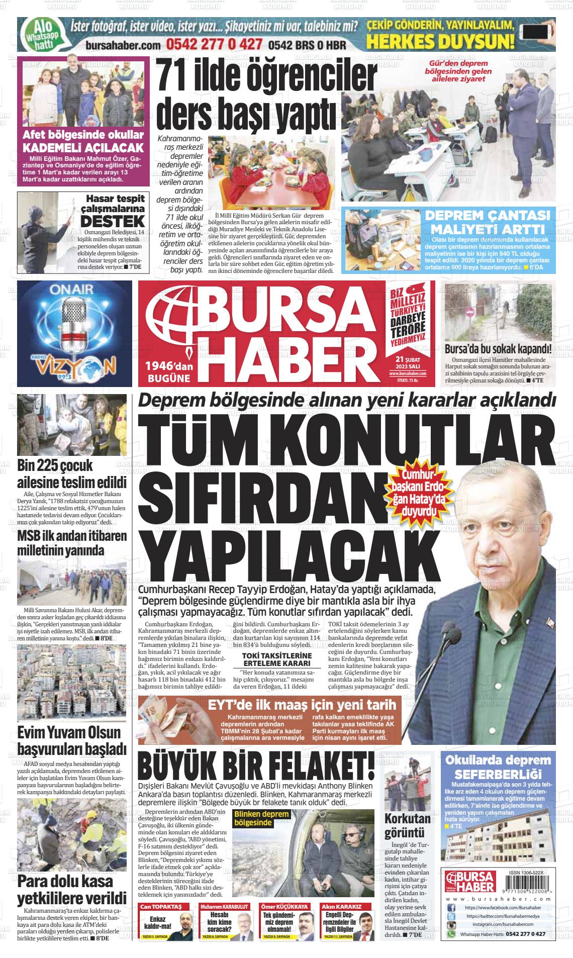 21 Şubat 2023 Bursa Haber Gazete Manşeti