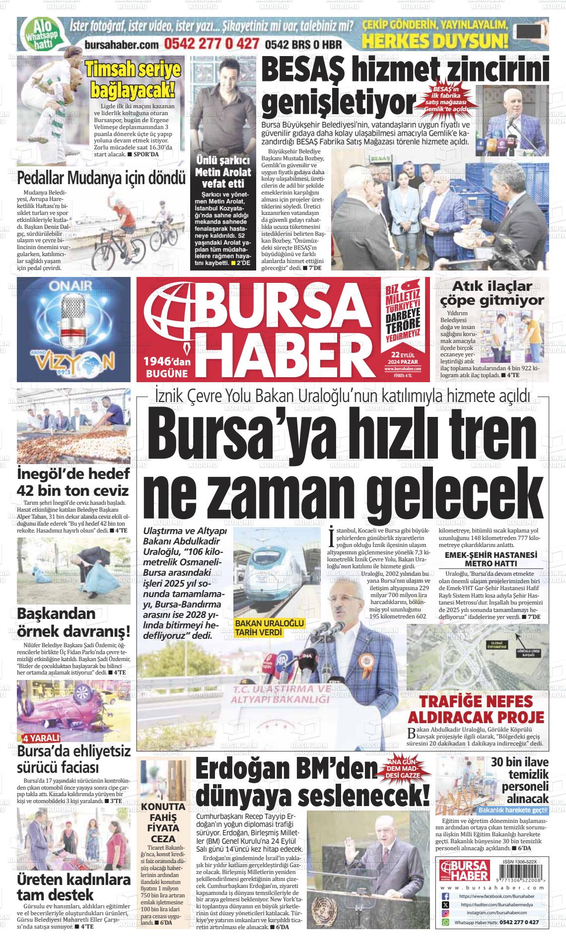 22 Eylül 2024 Bursa Haber Gazete Manşeti