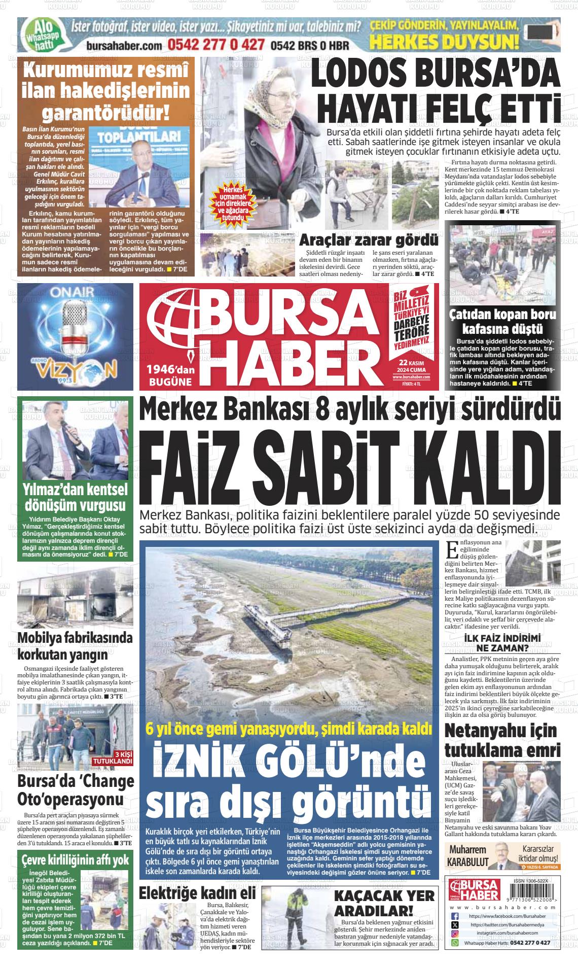 22 Kasım 2024 Bursa Haber Gazete Manşeti