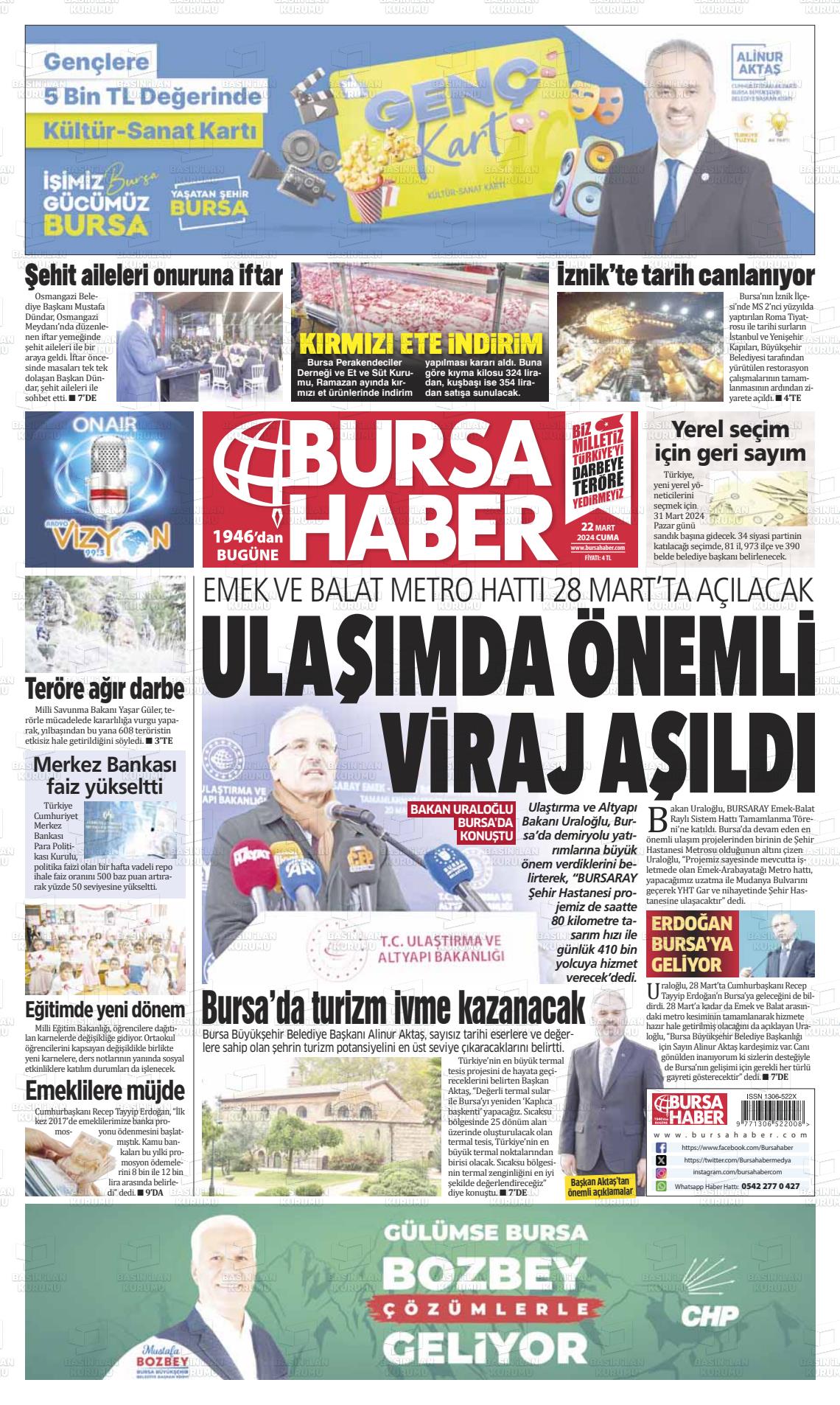 22 Mart 2024 Bursa Haber Gazete Manşeti