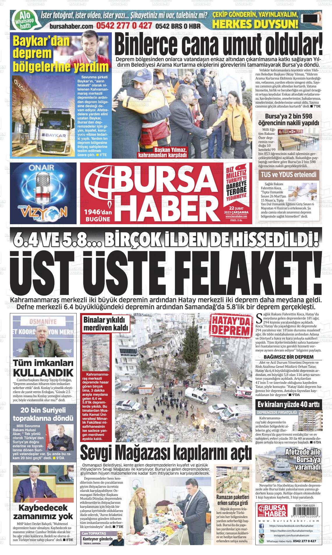 22 Şubat 2023 Bursa Haber Gazete Manşeti