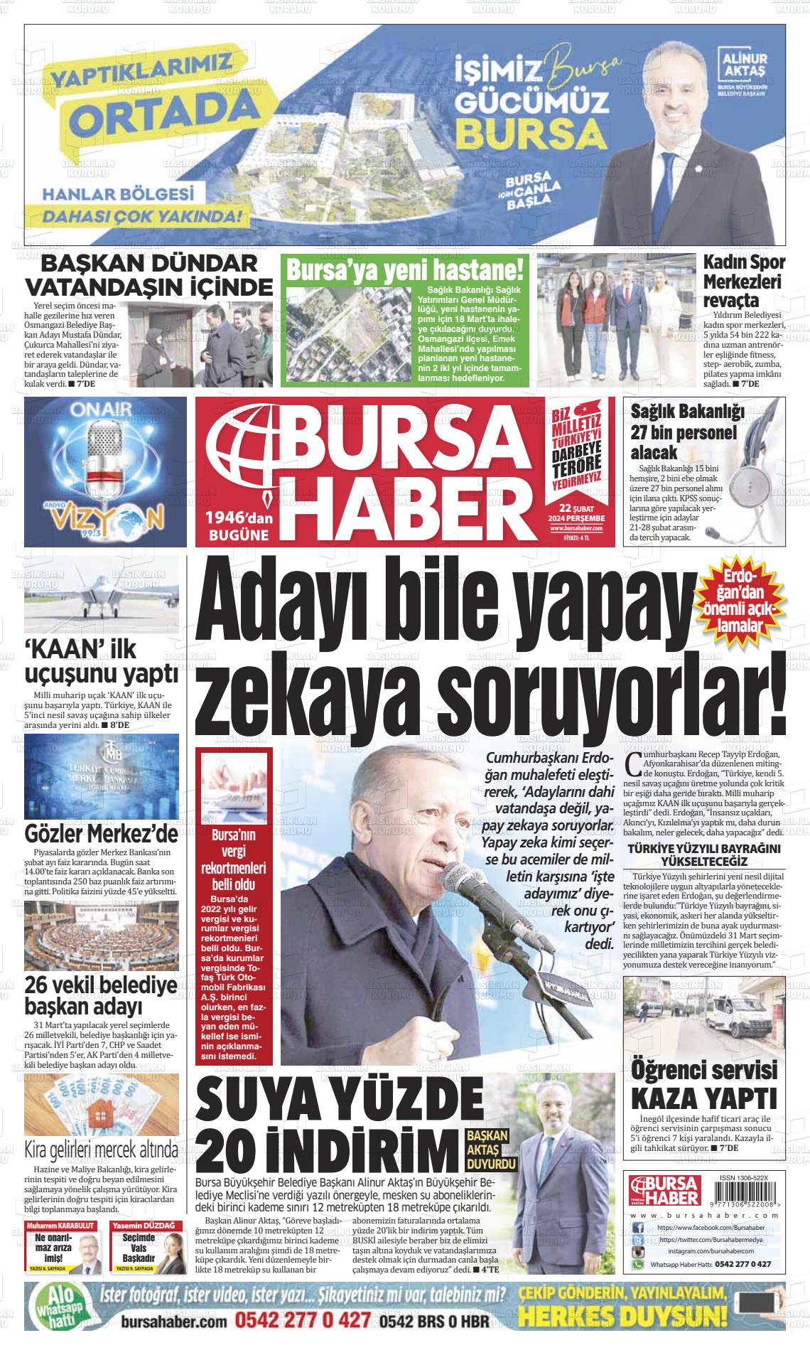 22 Şubat 2024 Bursa Haber Gazete Manşeti