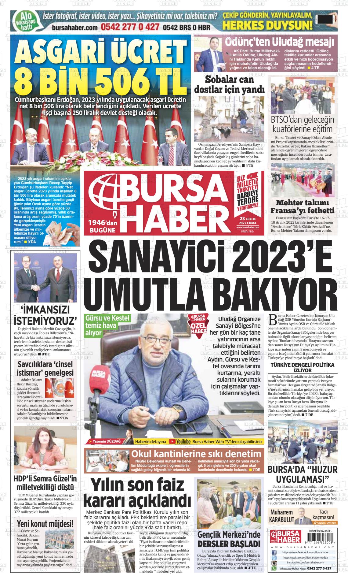 23 Aralık 2022 Bursa Haber Gazete Manşeti