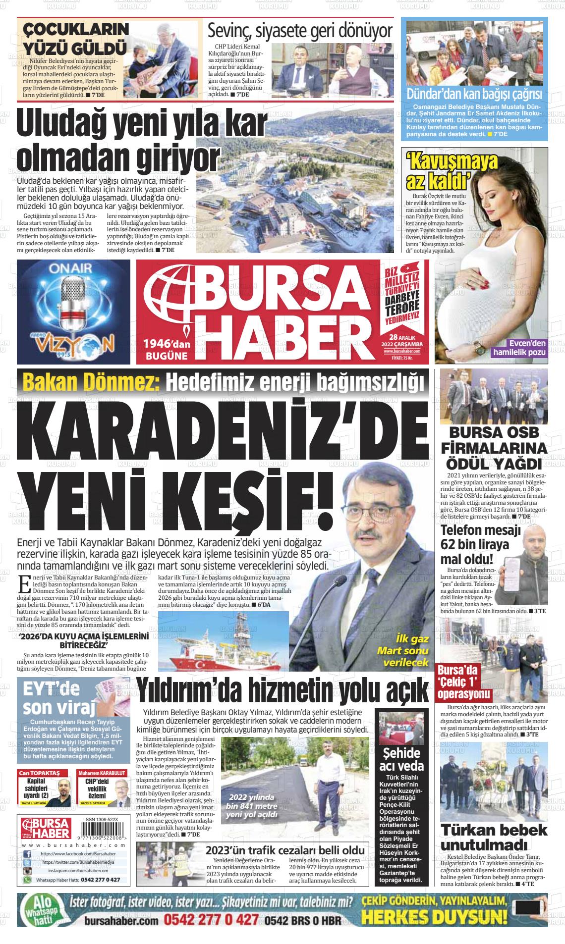 28 Aralık 2022 Bursa Haber Gazete Manşeti