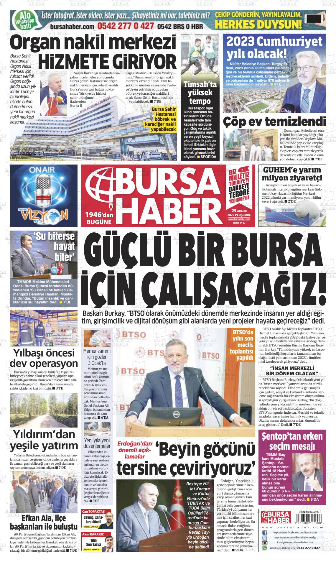 29 Aralık 2022 Bursa Haber Gazete Manşeti