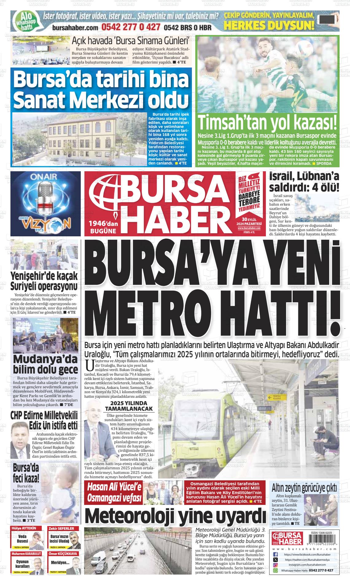 30 Eylül 2024 Bursa Haber Gazete Manşeti