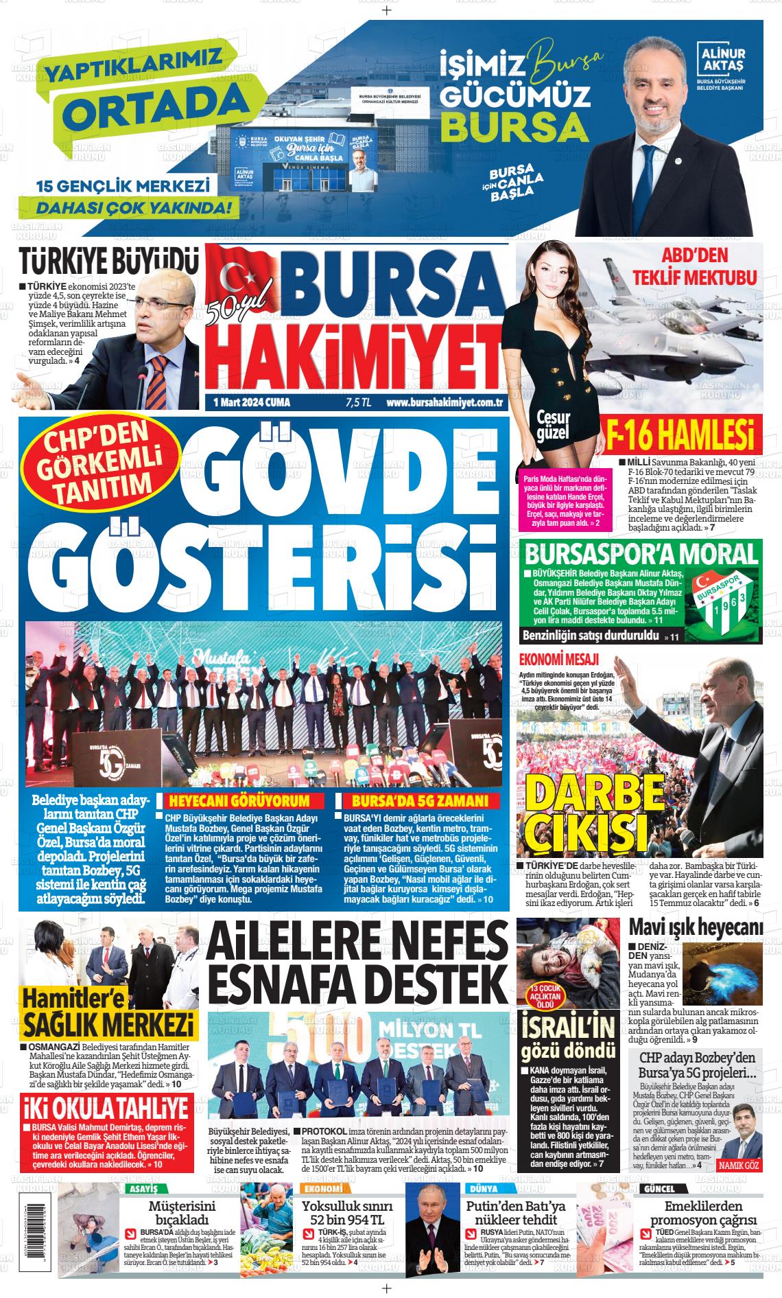 01 Mart 2024 Bursa Hakimiyet Gazete Manşeti