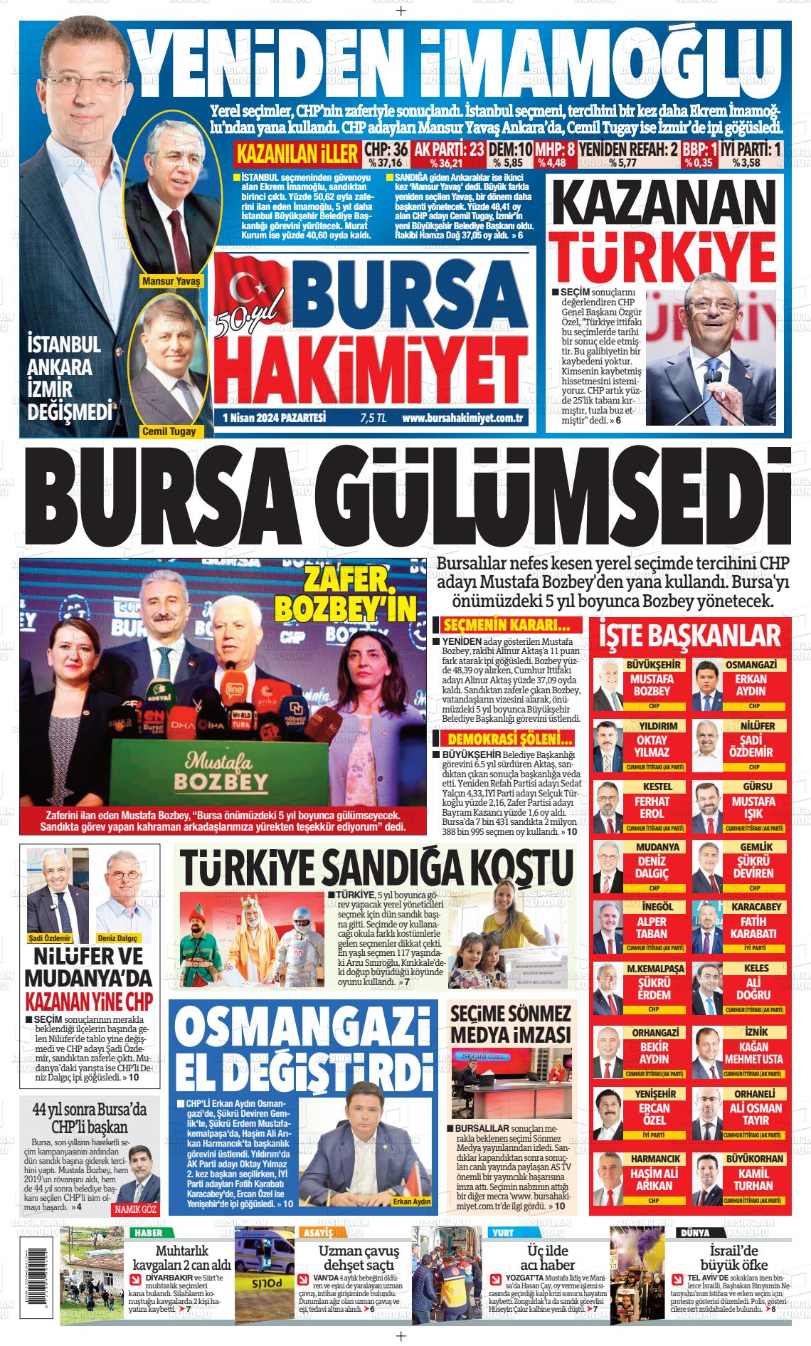 01 Nisan 2024 Bursa Hakimiyet Gazete Manşeti