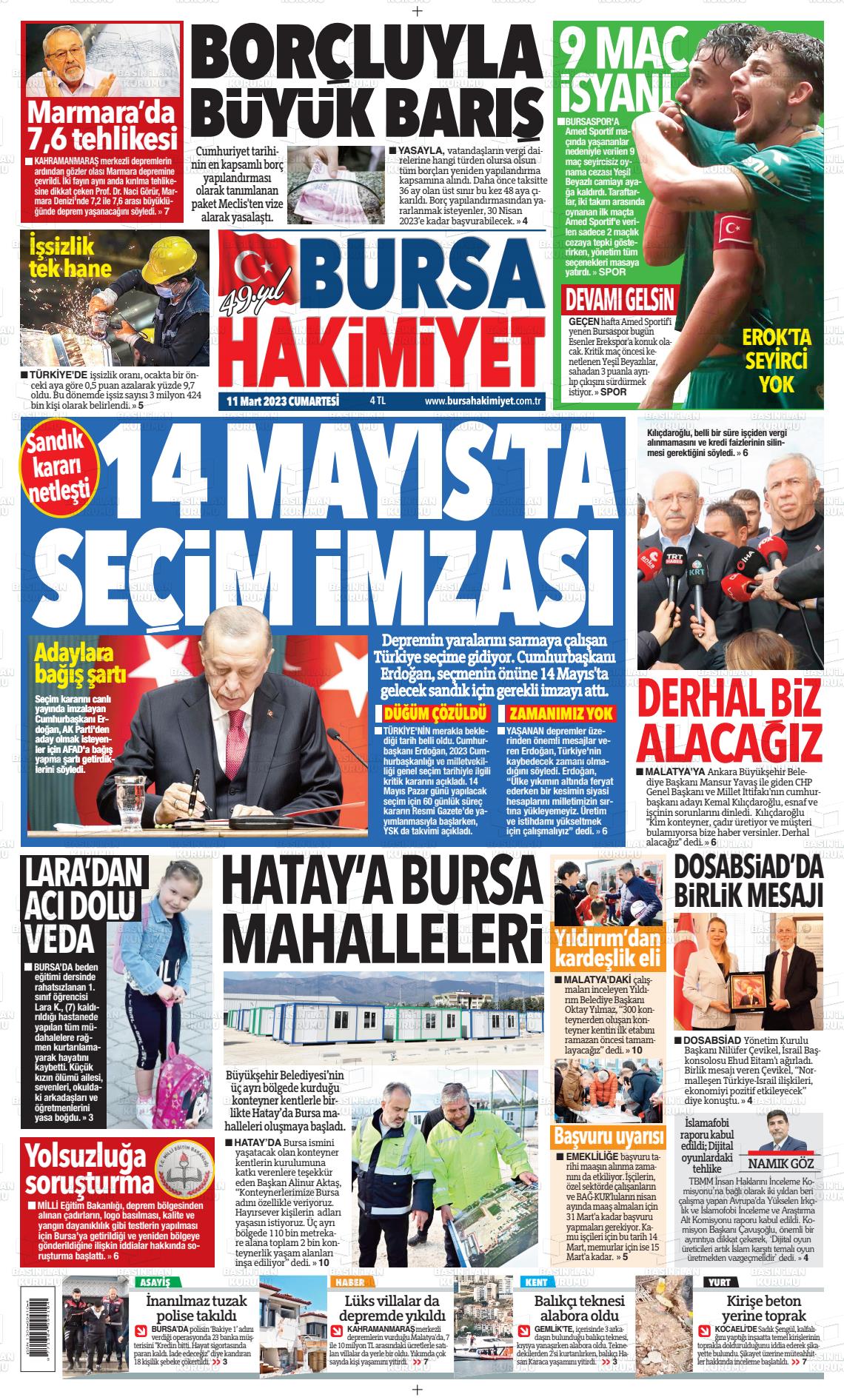 09 Mayıs 2023 Bursa Hakimiyet Gazete Manşeti