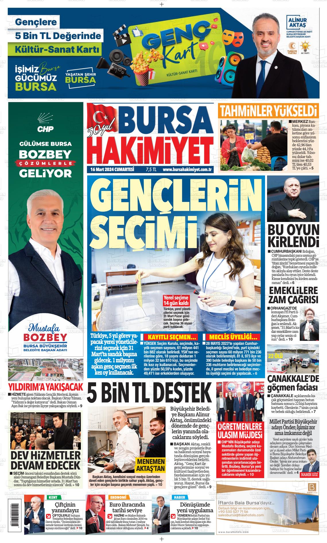 16 Mart 2024 Bursa Hakimiyet Gazete Manşeti