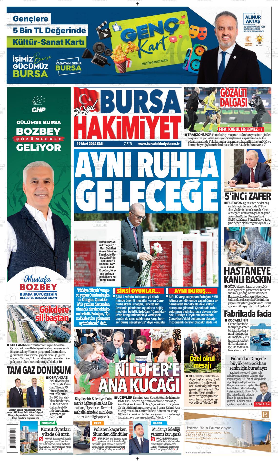 19 Mart 2024 Bursa Hakimiyet Gazete Manşeti