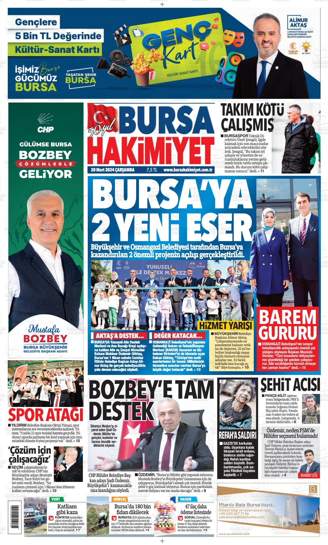 20 Mart 2024 Bursa Hakimiyet Gazete Manşeti