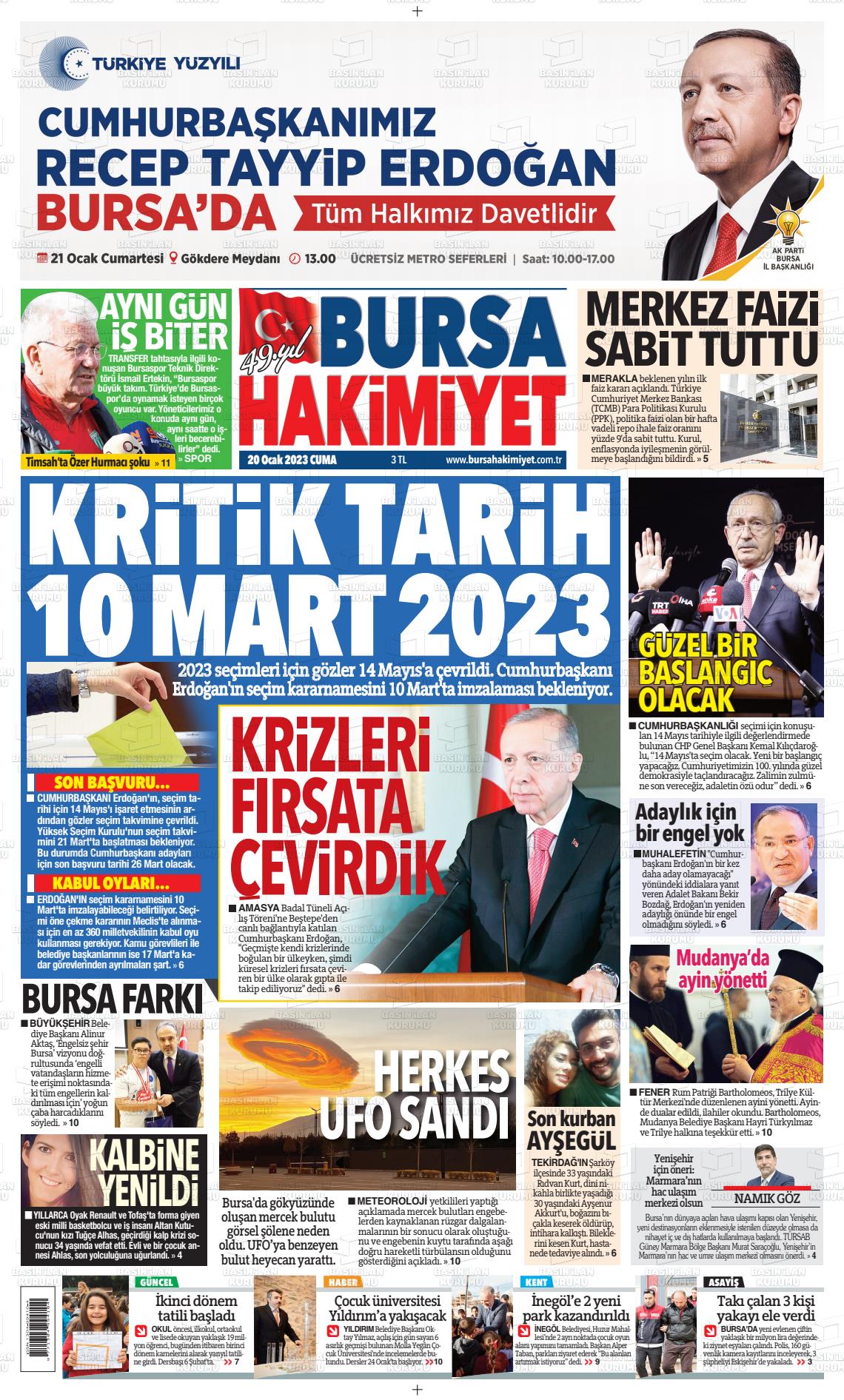 20 Ocak 2023 Bursa Hakimiyet Gazete Manşeti