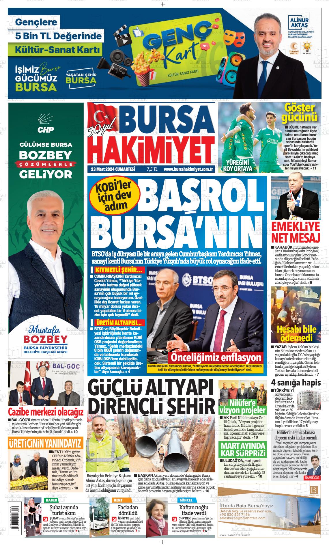 23 Mart 2024 Bursa Hakimiyet Gazete Manşeti