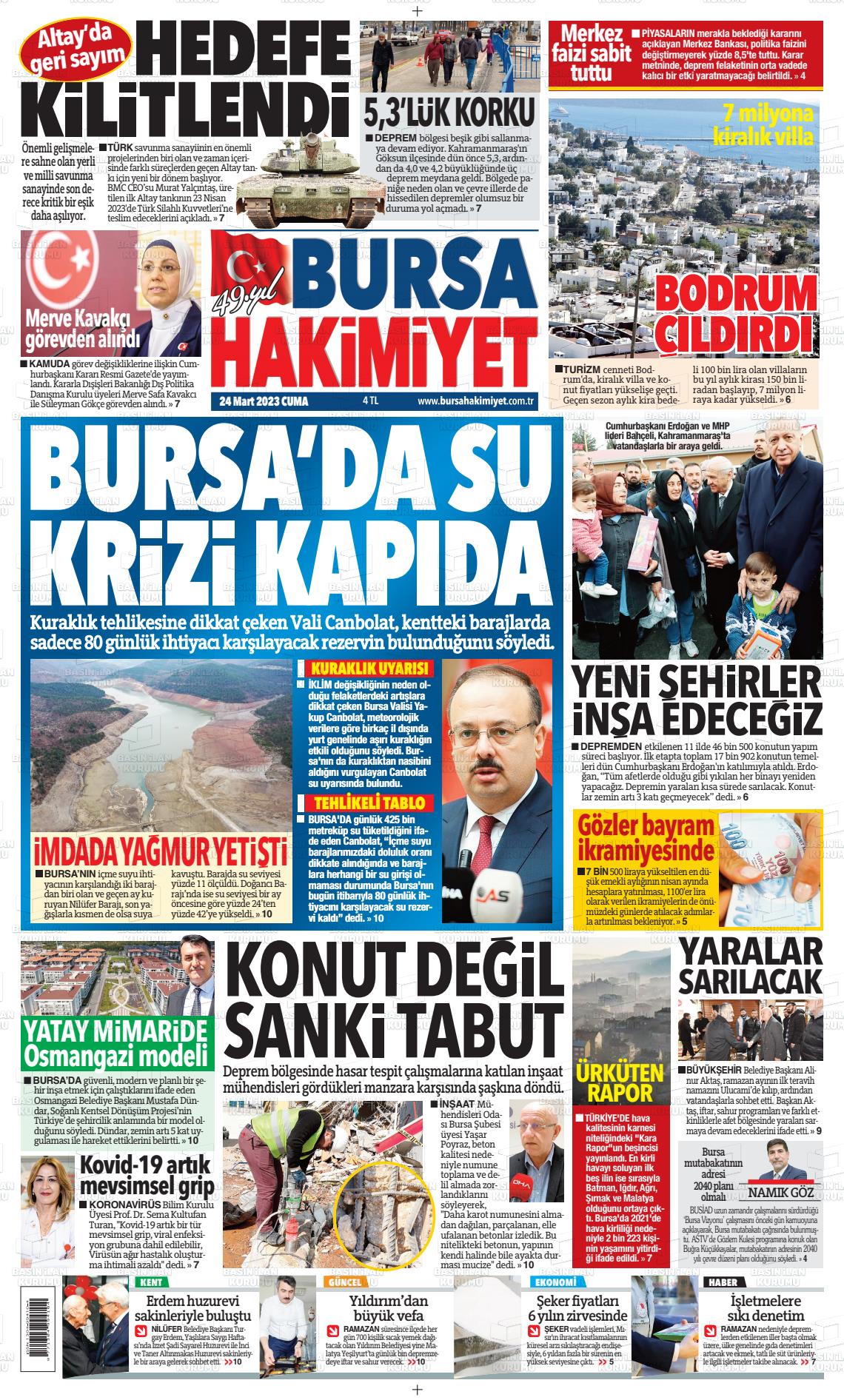 24 Mart 2023 Bursa Hakimiyet Gazete Manşeti