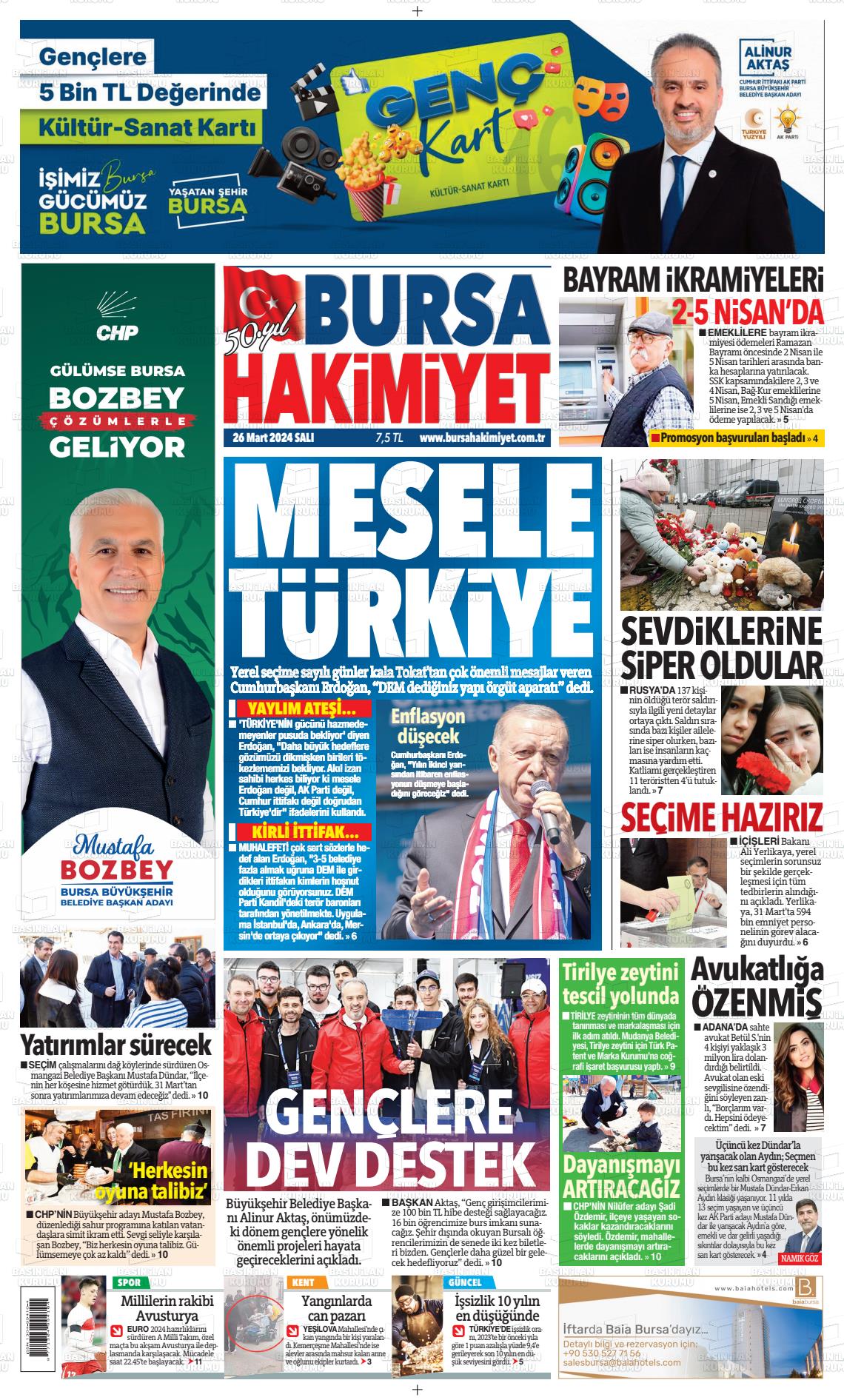 26 Mart 2024 Bursa Hakimiyet Gazete Manşeti