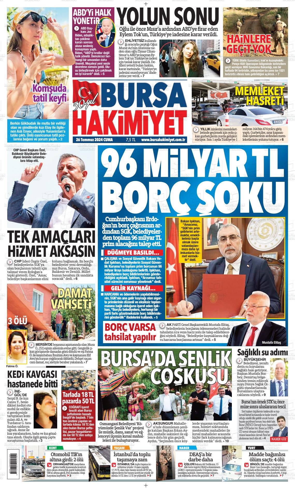 27 Temmuz 2024 Bursa Hakimiyet Gazete Manşeti