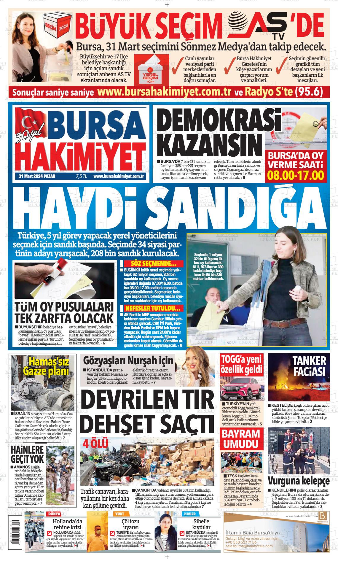 31 Mart 2024 Bursa Hakimiyet Gazete Manşeti