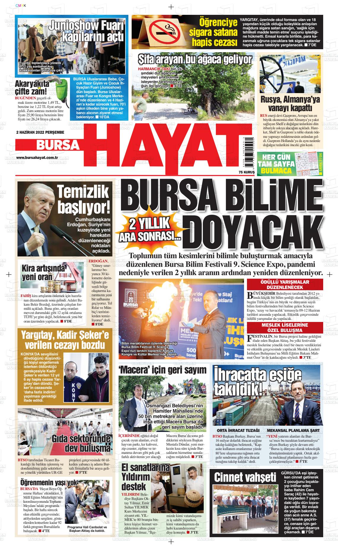 02 Haziran 2022 Bursa Hayat Gazete Manşeti