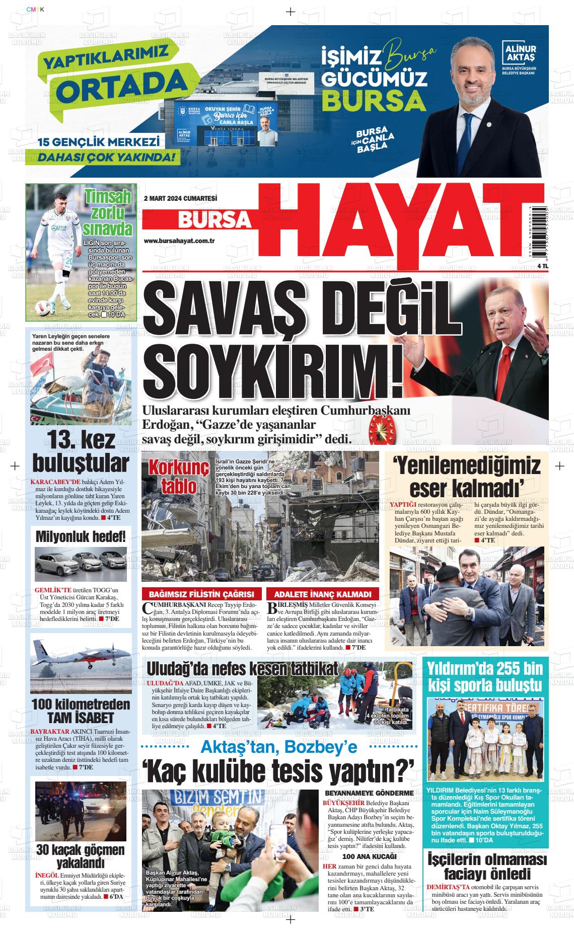 02 Mart 2024 Bursa Hayat Gazete Manşeti