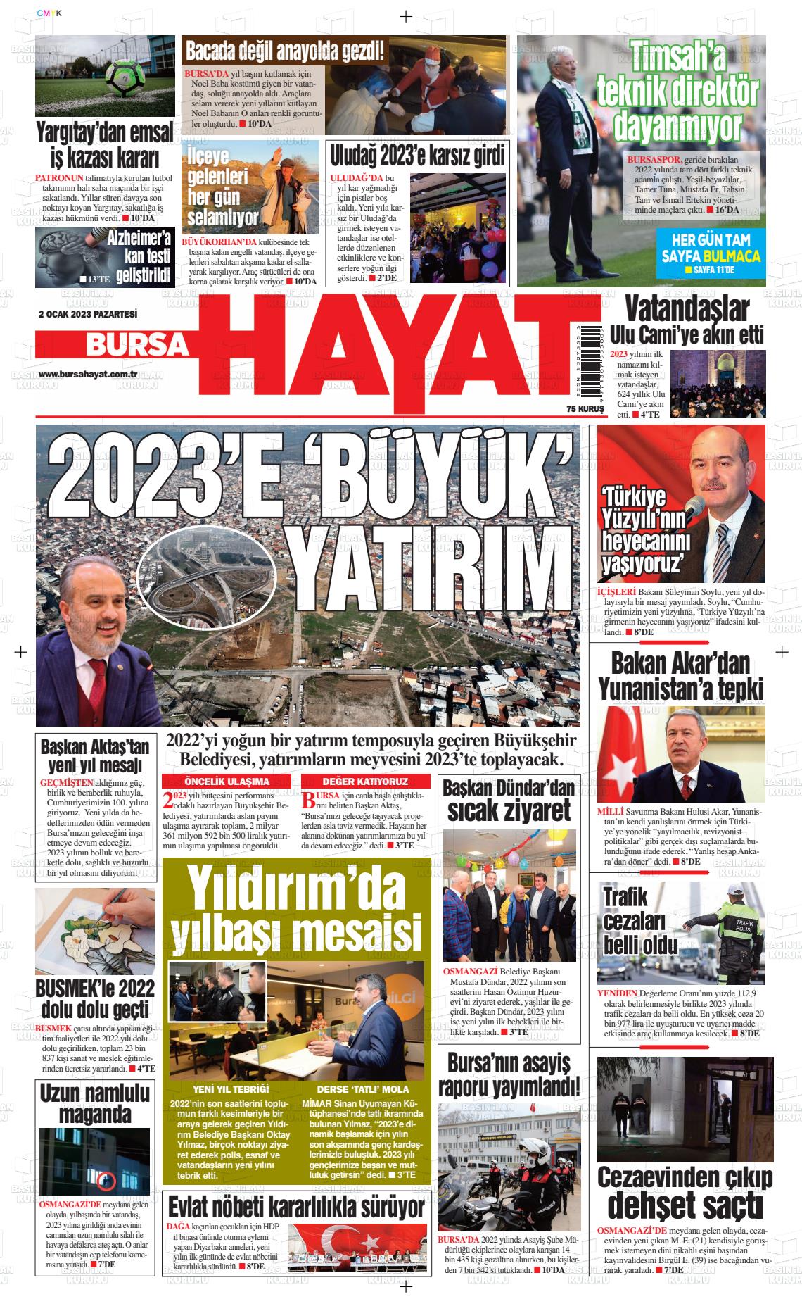 02 Ocak 2023 Bursa Hayat Gazete Manşeti