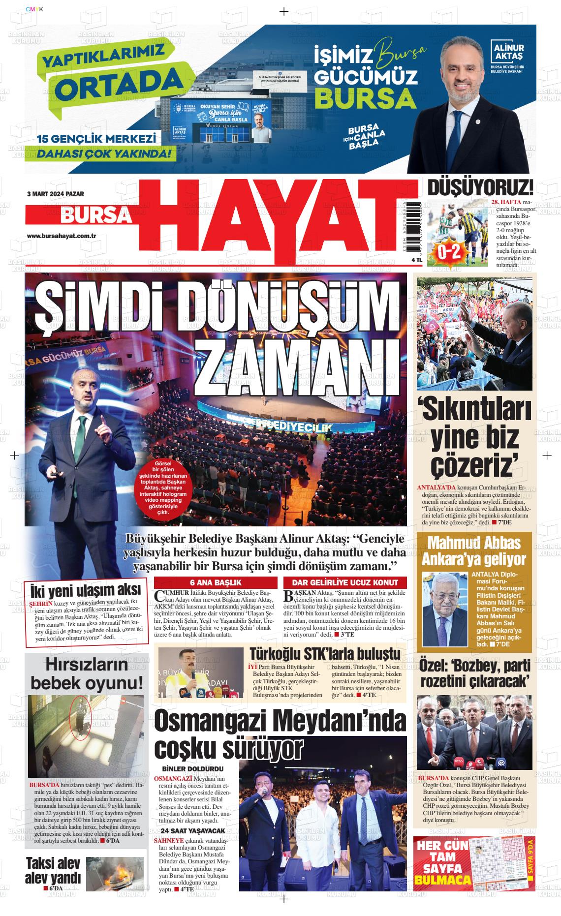 03 Mart 2024 Bursa Hayat Gazete Manşeti