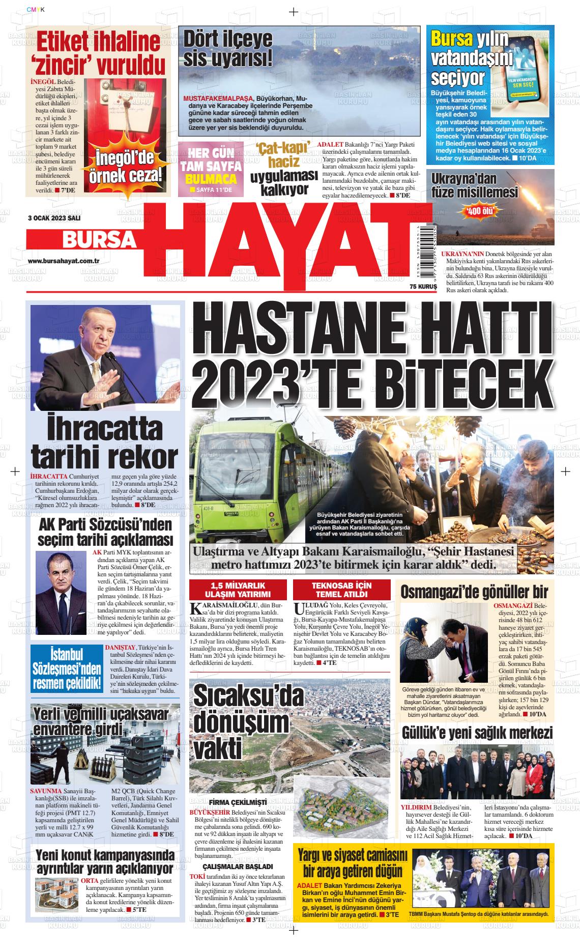 03 Ocak 2023 Bursa Hayat Gazete Manşeti