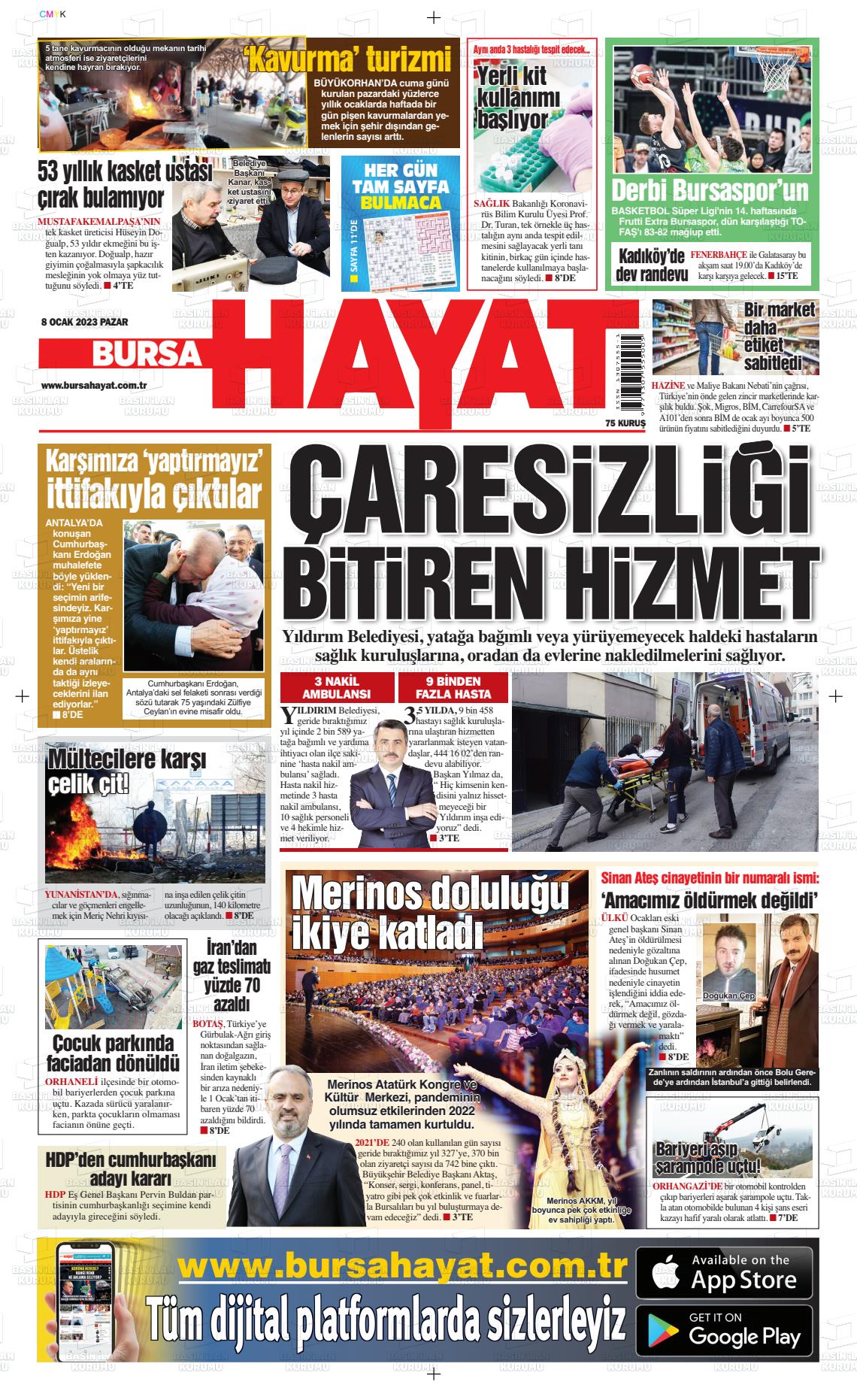 08 Ocak 2023 Bursa Hayat Gazete Manşeti