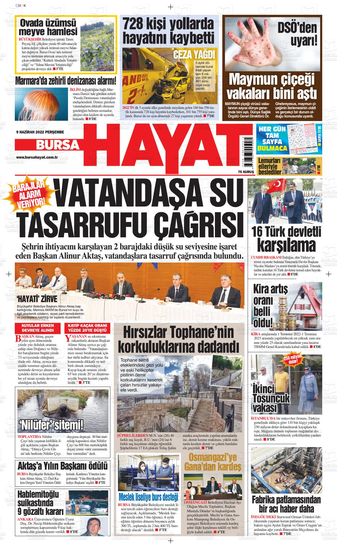 09 Haziran 2022 Bursa Hayat Gazete Manşeti