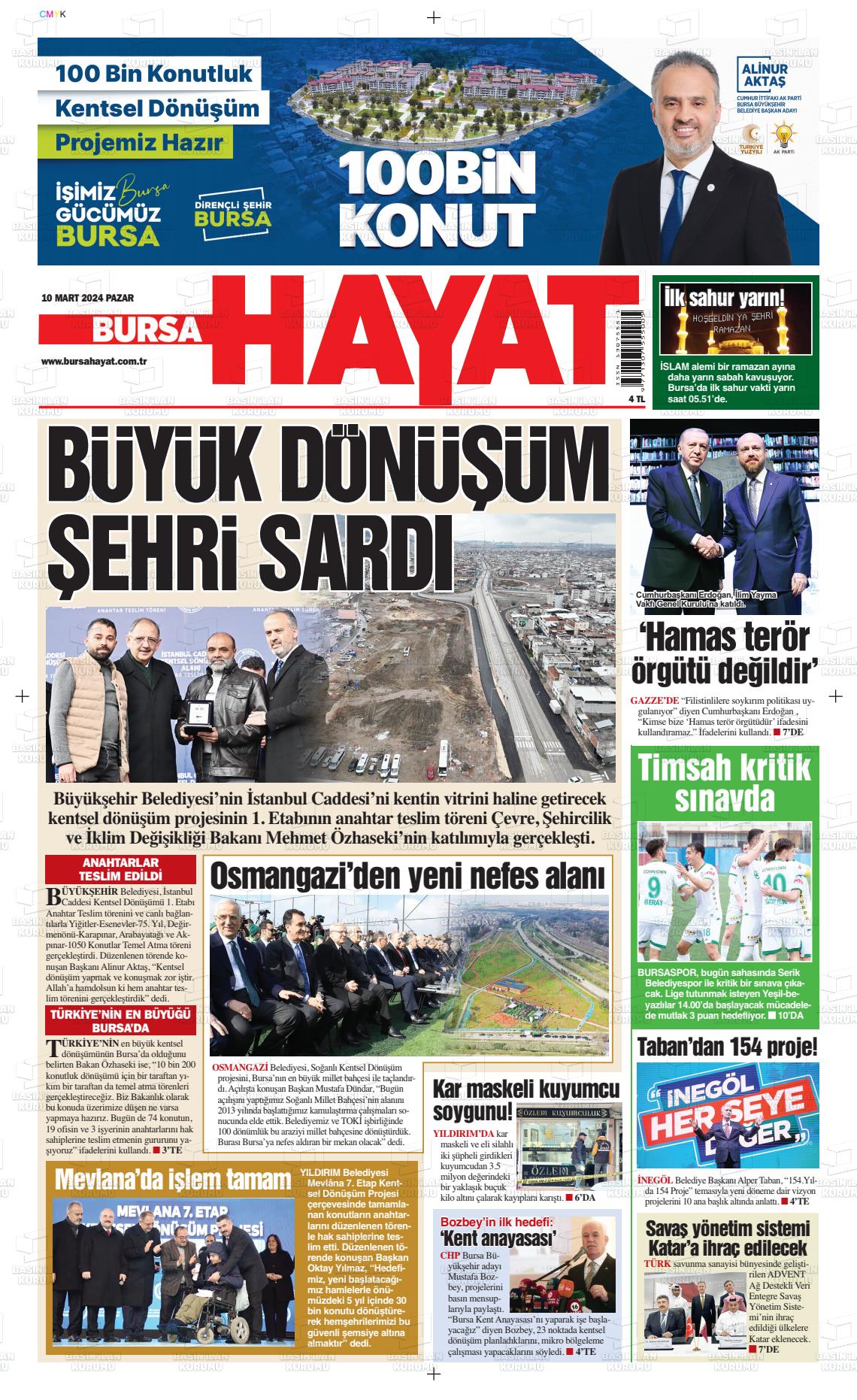 10 Mart 2024 Bursa Hayat Gazete Manşeti