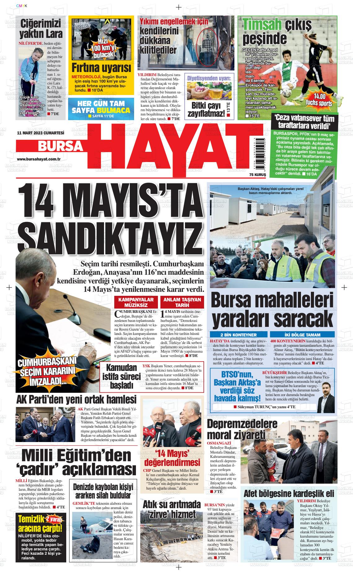 09 Mayıs 2023 Bursa Hayat Gazete Manşeti