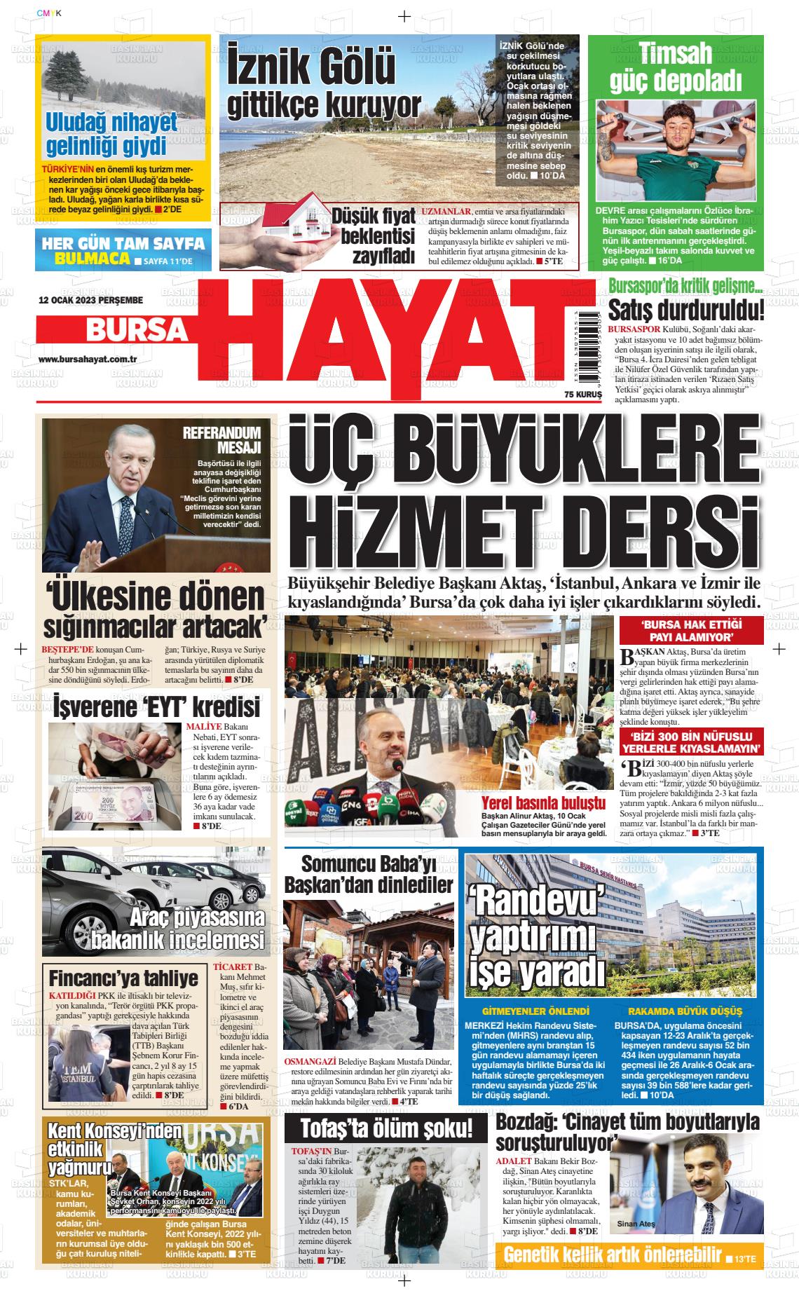 12 Ocak 2023 Bursa Hayat Gazete Manşeti