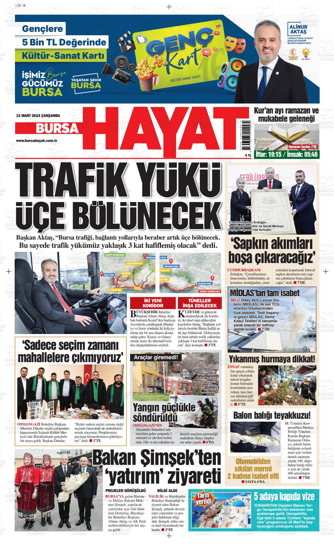 13 Mart 2024 Bursa Hayat Gazete Manşeti