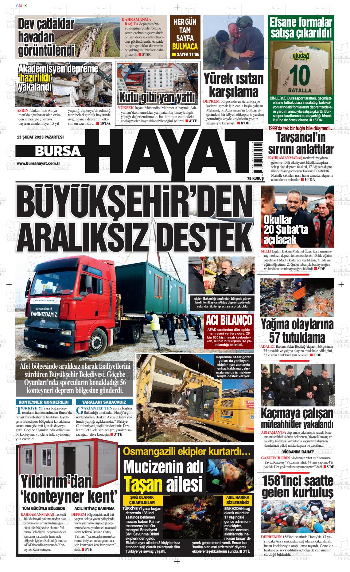 13 Şubat 2023 Bursa Hayat Gazete Manşeti