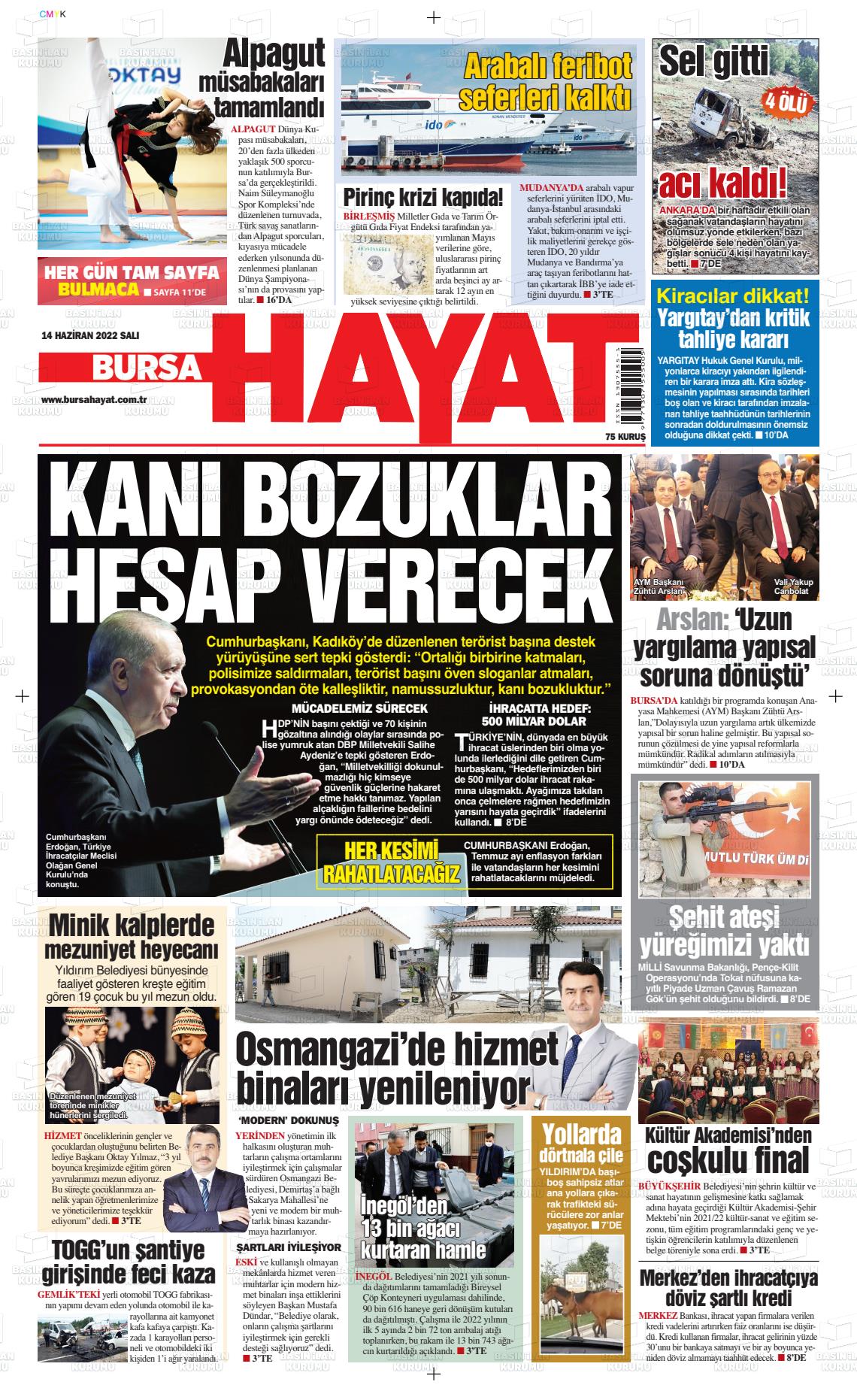 14 Haziran 2022 Bursa Hayat Gazete Manşeti