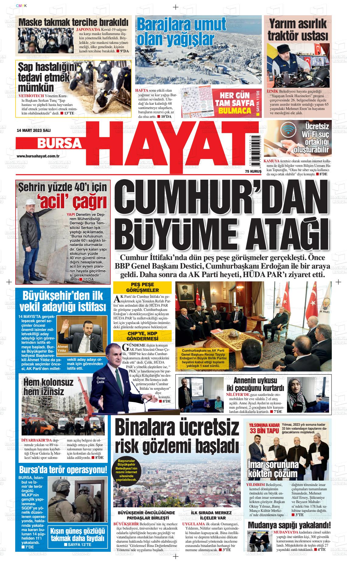 14 Mart 2023 Bursa Hayat Gazete Manşeti