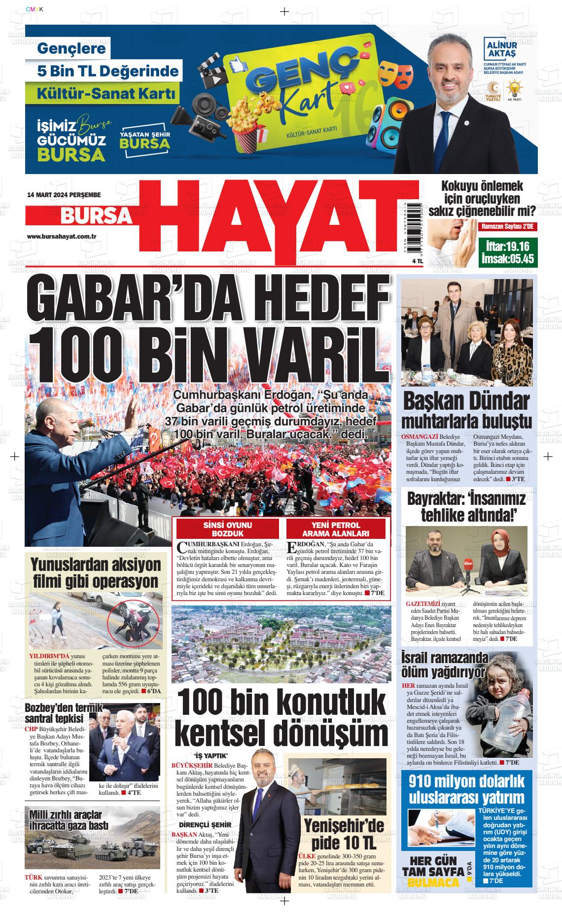 14 Mart 2024 Bursa Hayat Gazete Manşeti