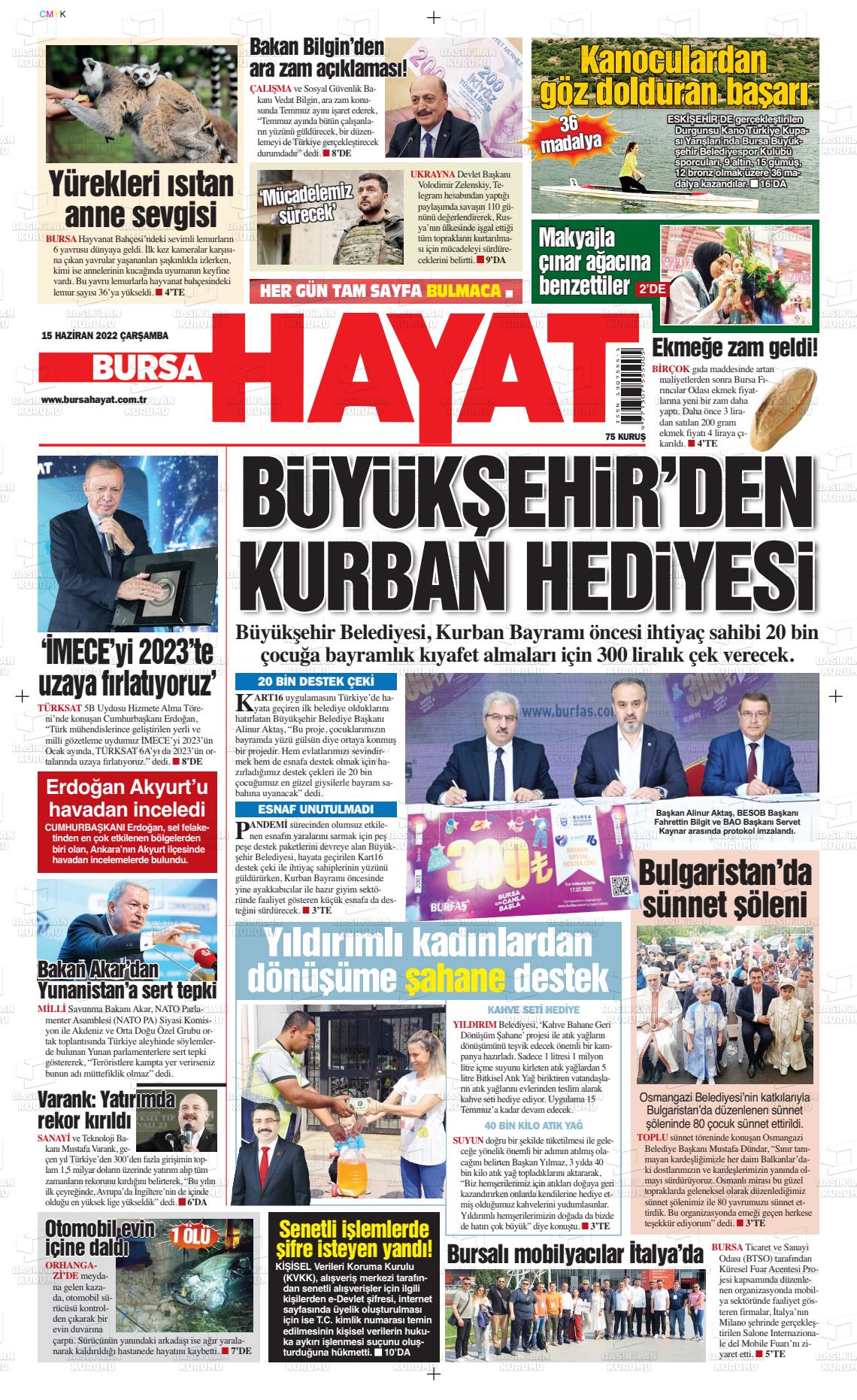 15 Haziran 2022 Bursa Hayat Gazete Manşeti