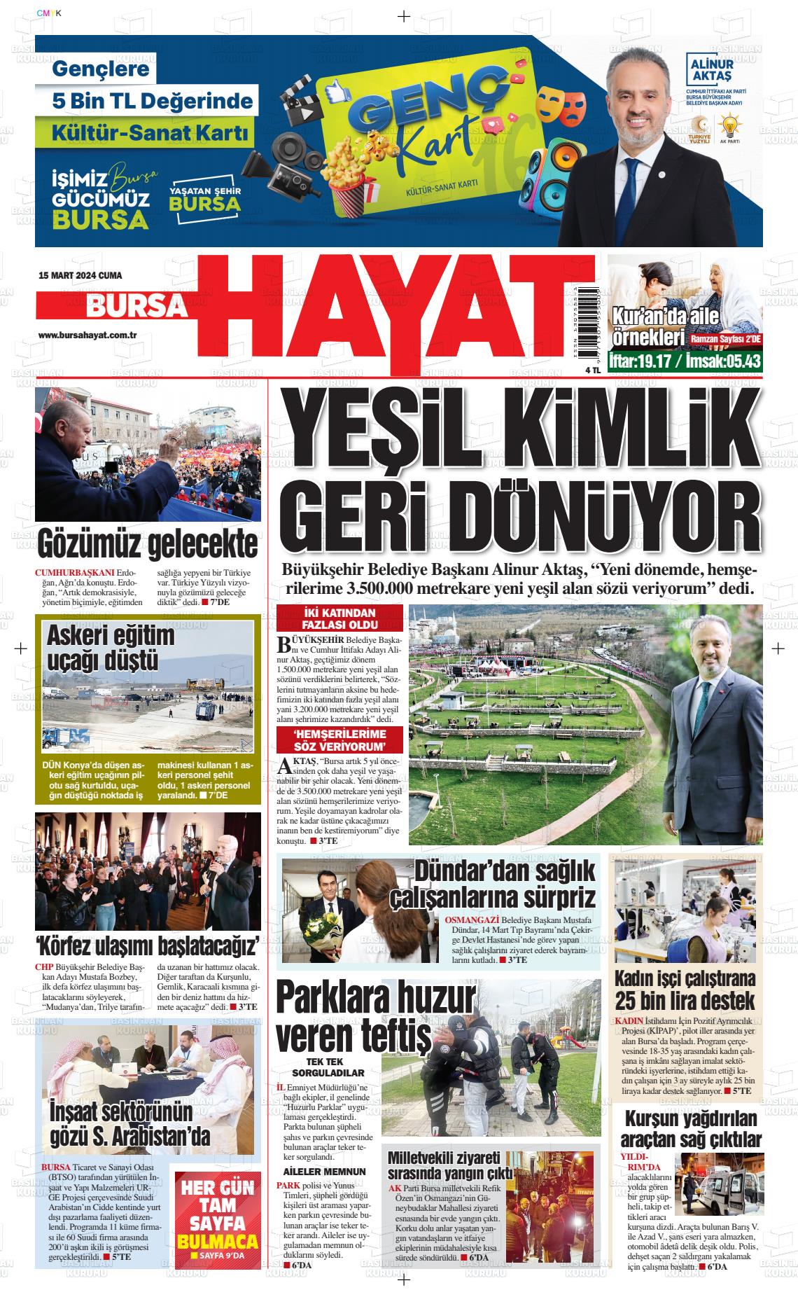 15 Mart 2024 Bursa Hayat Gazete Manşeti