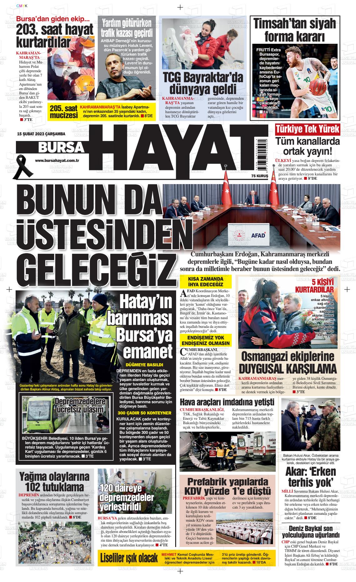 15 Şubat 2023 Bursa Hayat Gazete Manşeti