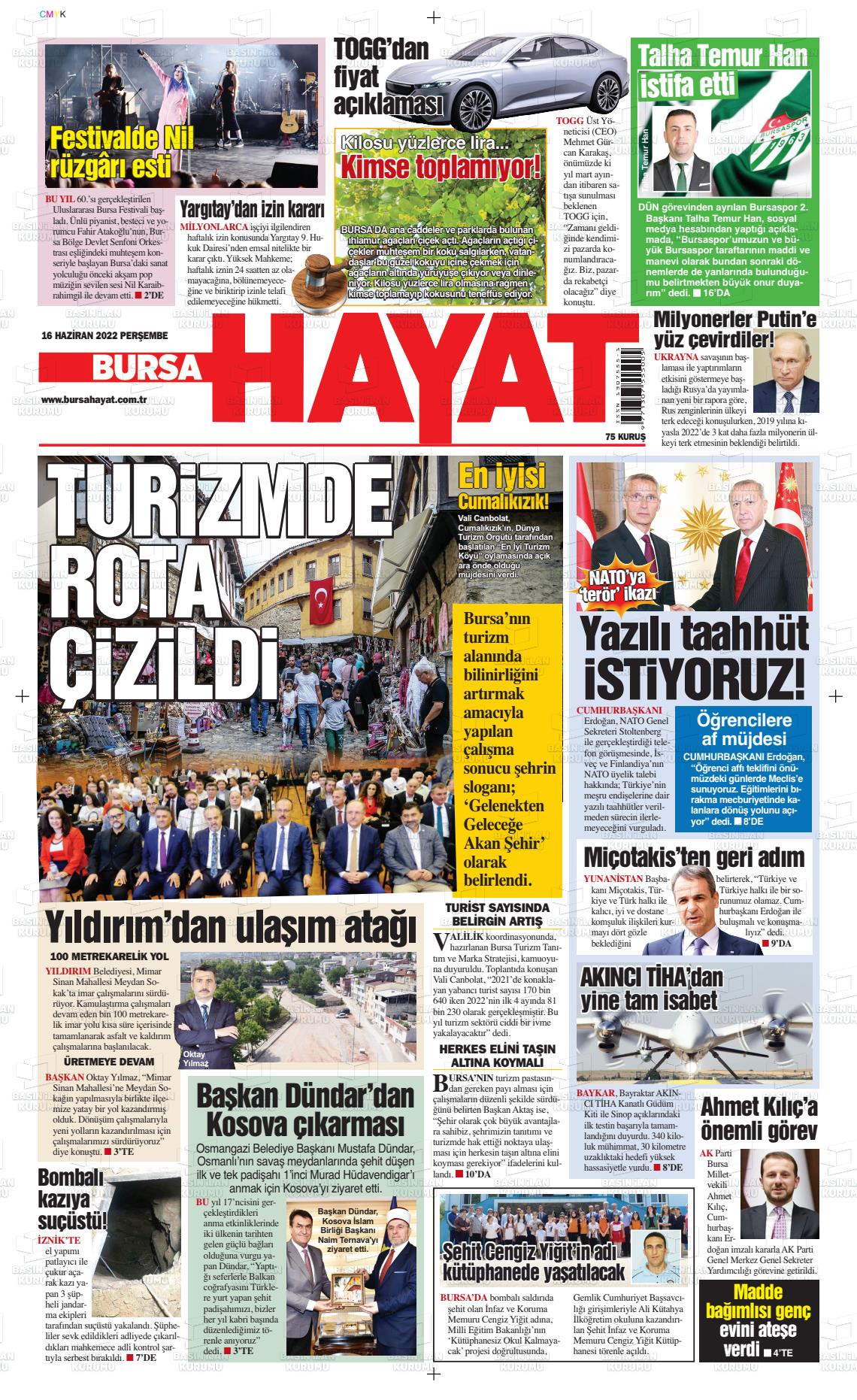 16 Haziran 2022 Bursa Hayat Gazete Manşeti