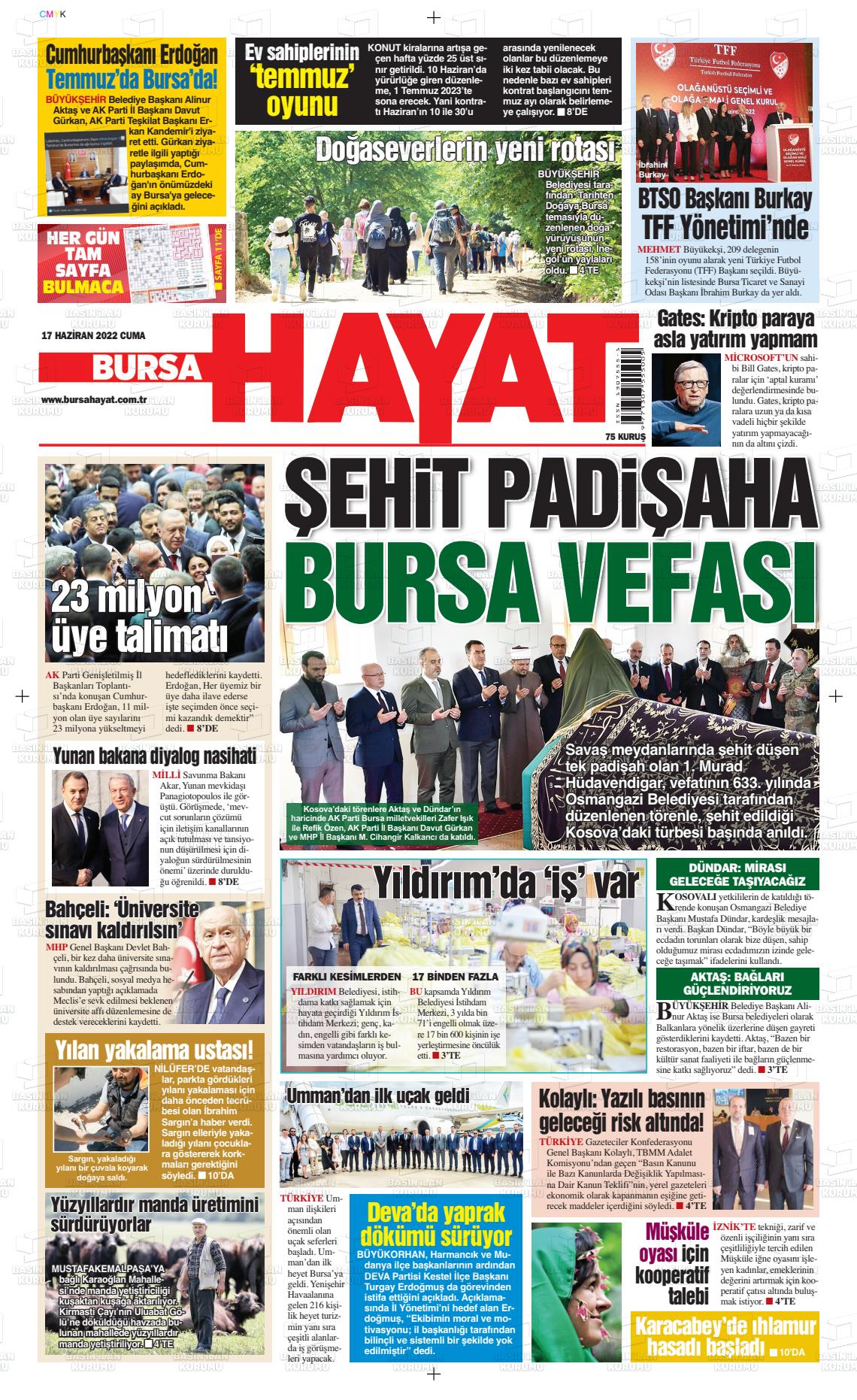 17 Haziran 2022 Bursa Hayat Gazete Manşeti