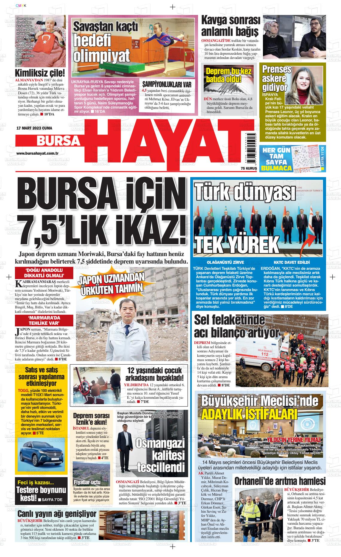 17 Mart 2023 Bursa Hayat Gazete Manşeti