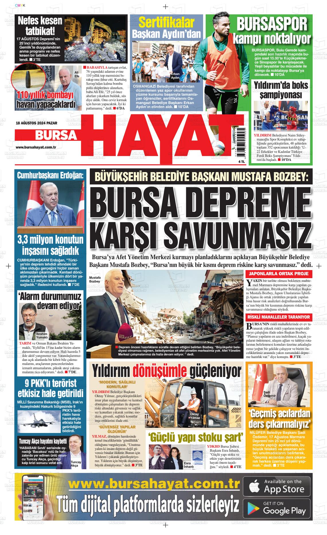 18 Ağustos 2024 Bursa Hayat Gazete Manşeti