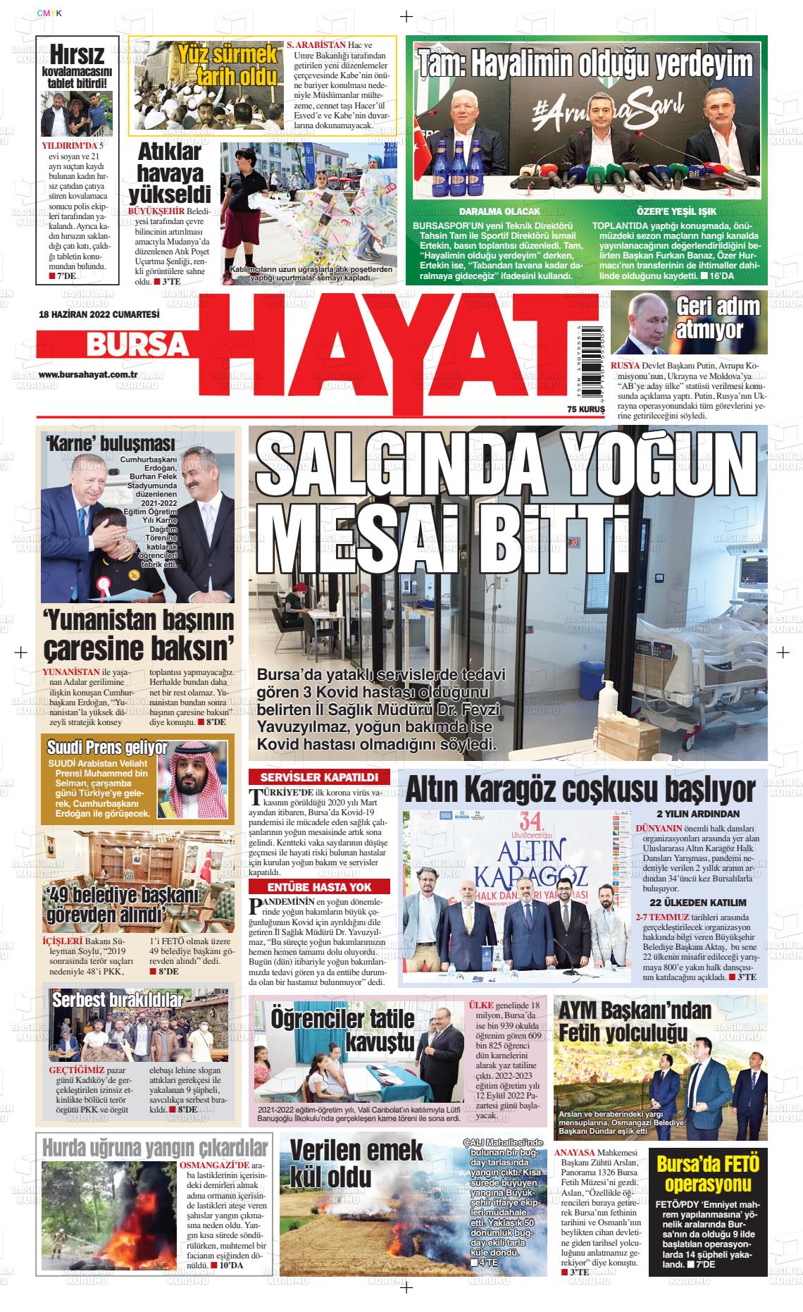 18 Haziran 2022 Bursa Hayat Gazete Manşeti