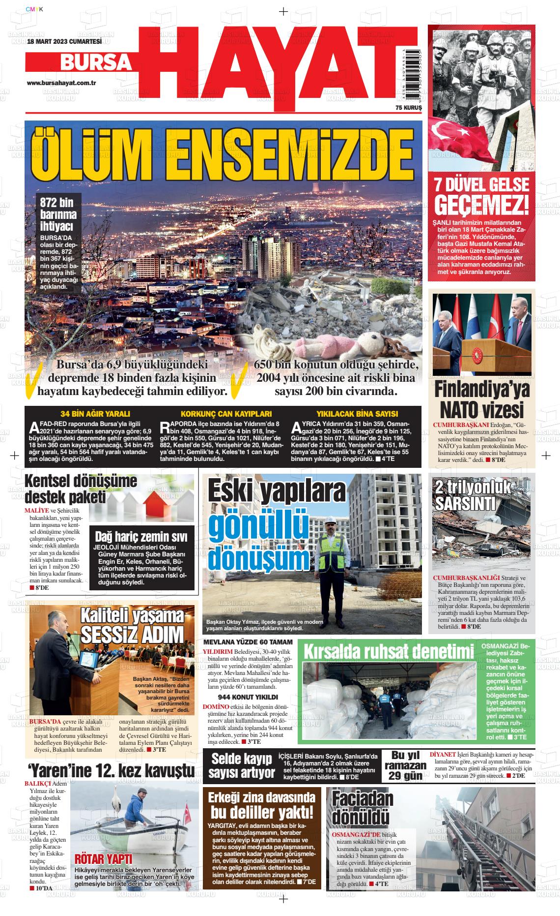 18 Mart 2023 Bursa Hayat Gazete Manşeti