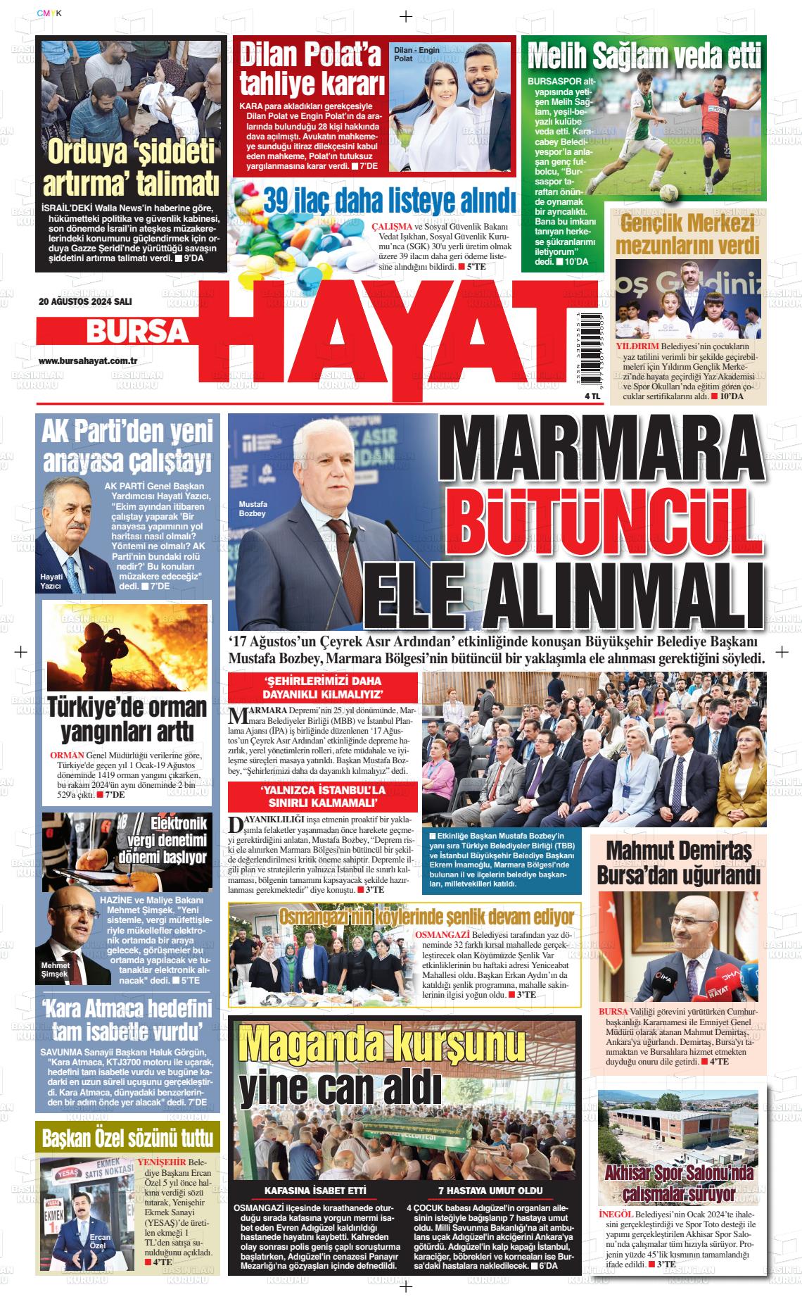 20 Ağustos 2024 Bursa Hayat Gazete Manşeti