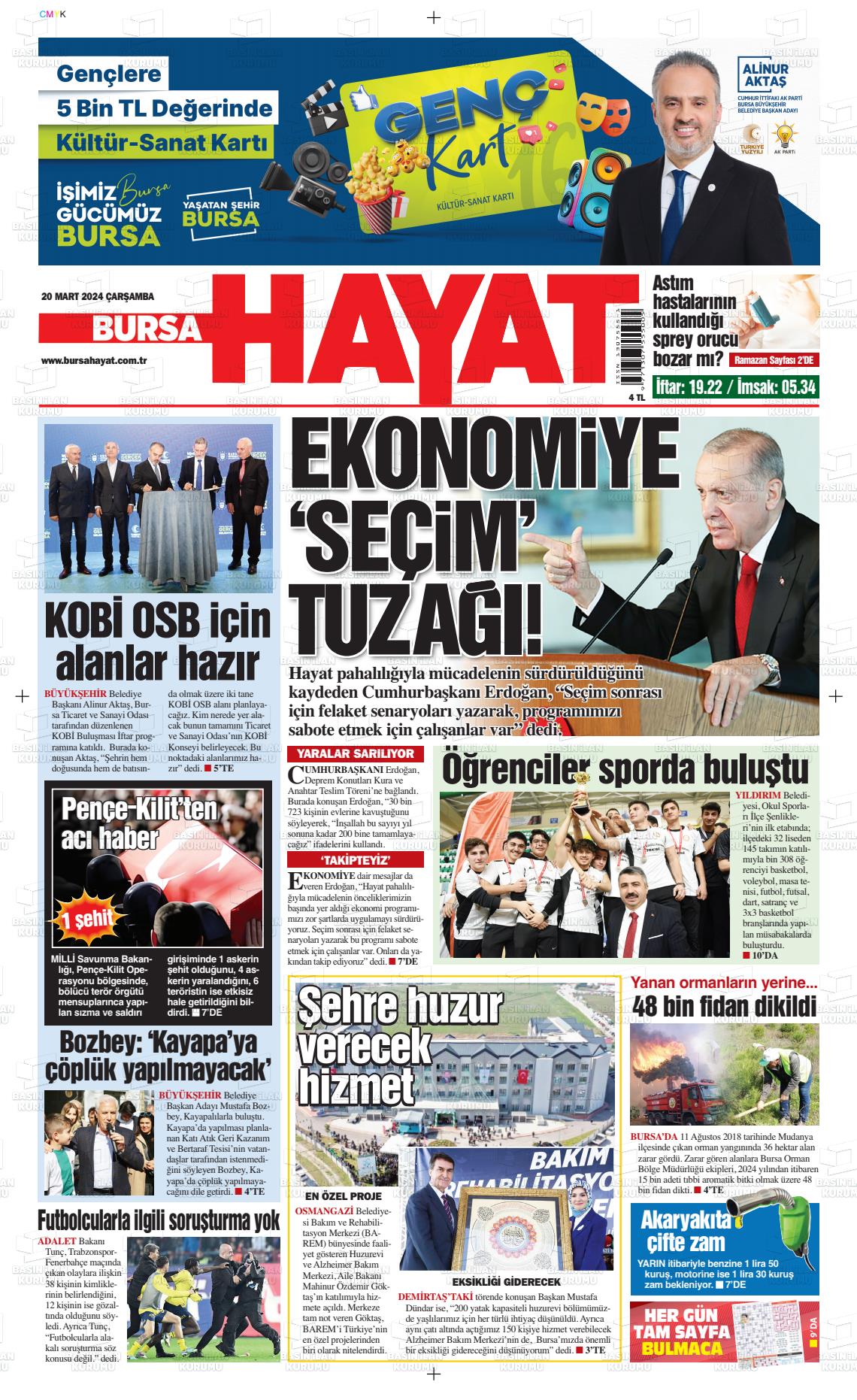 20 Mart 2024 Bursa Hayat Gazete Manşeti