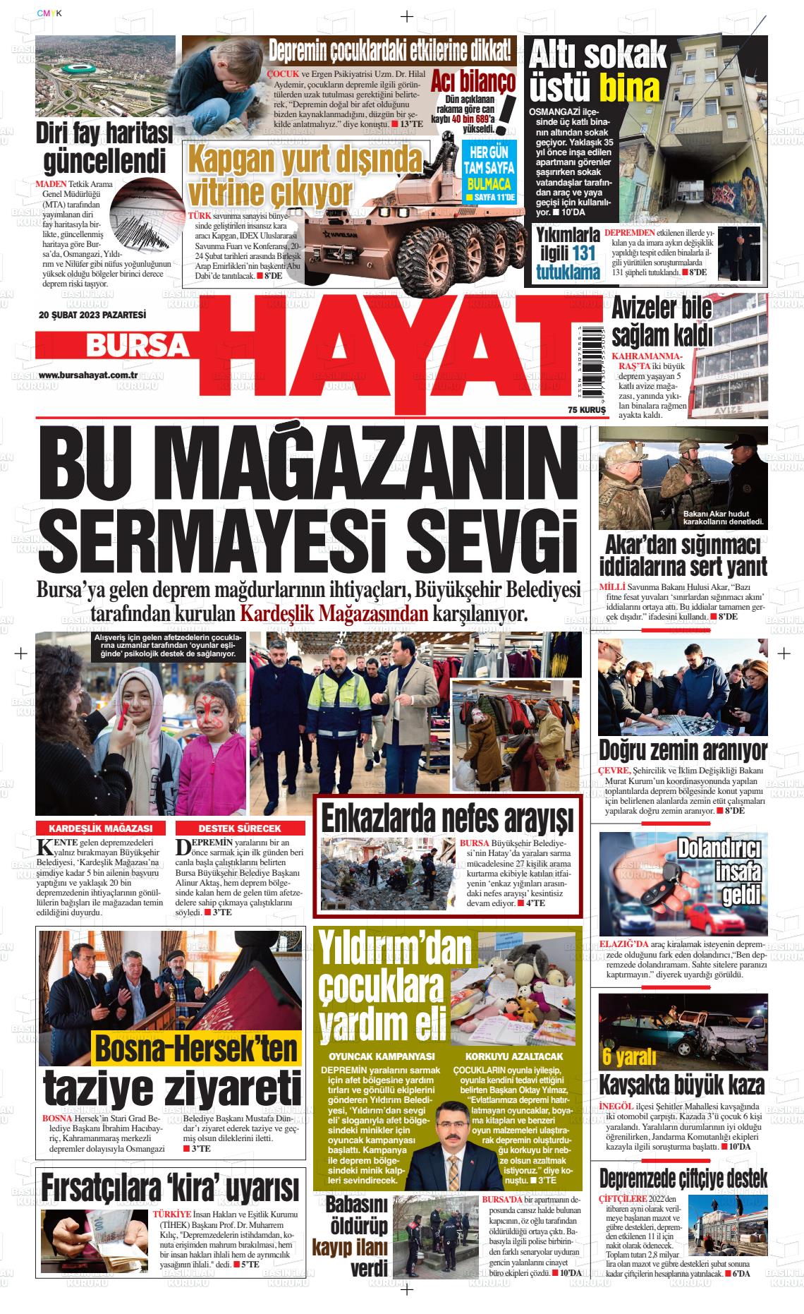 20 Şubat 2023 Bursa Hayat Gazete Manşeti