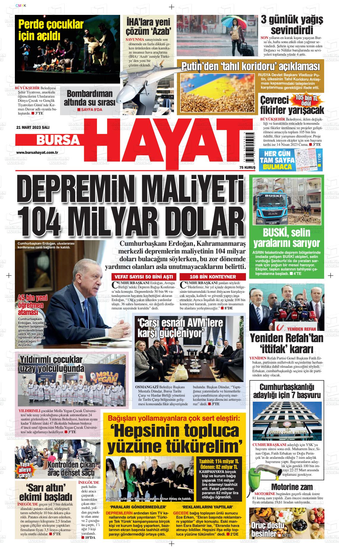 21 Mart 2023 Bursa Hayat Gazete Manşeti